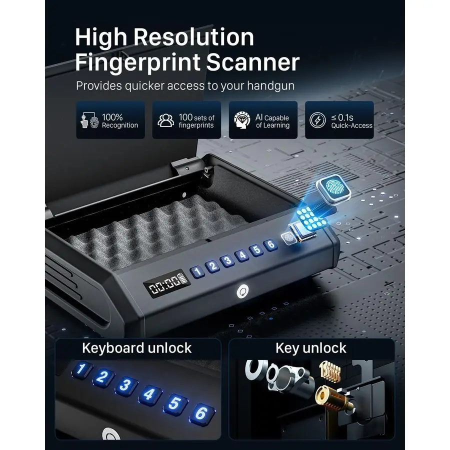 آمن للمسدس البيومتري يناسب 4 مسدسات، 100 مجموعة من مسدسات بصمات الأصابع آمنة مع وضع صامت للضوء الداخلي، مصدر طاقة للطوارئ #2