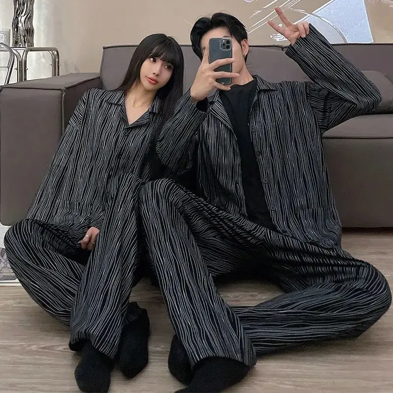 Couple Pajamas for Men Striped Sleepwear Korean Sleeping Night Wear Button Pijama 2 Pcs Pants Sets Autumn Pocket Home Suit 2024