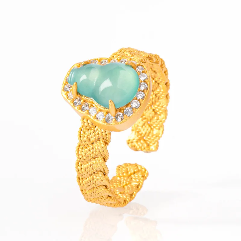 

Natural new A-grade jade blue water gourd ring ice seed jade ancient gold S925 silver inlaid high-end women's style adjustable