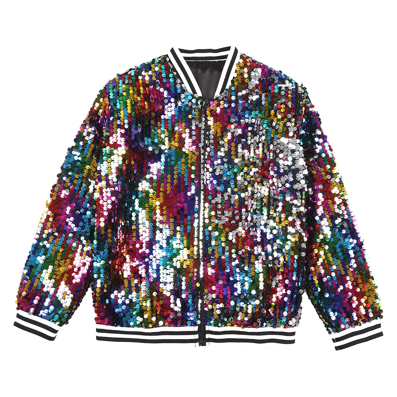 Kids Girls Long Sleeve Fashion Sequin Baseball Jacket Bomber Coat Hip Hop Jazz Street Dance Cheerleading Performance Dancewear
