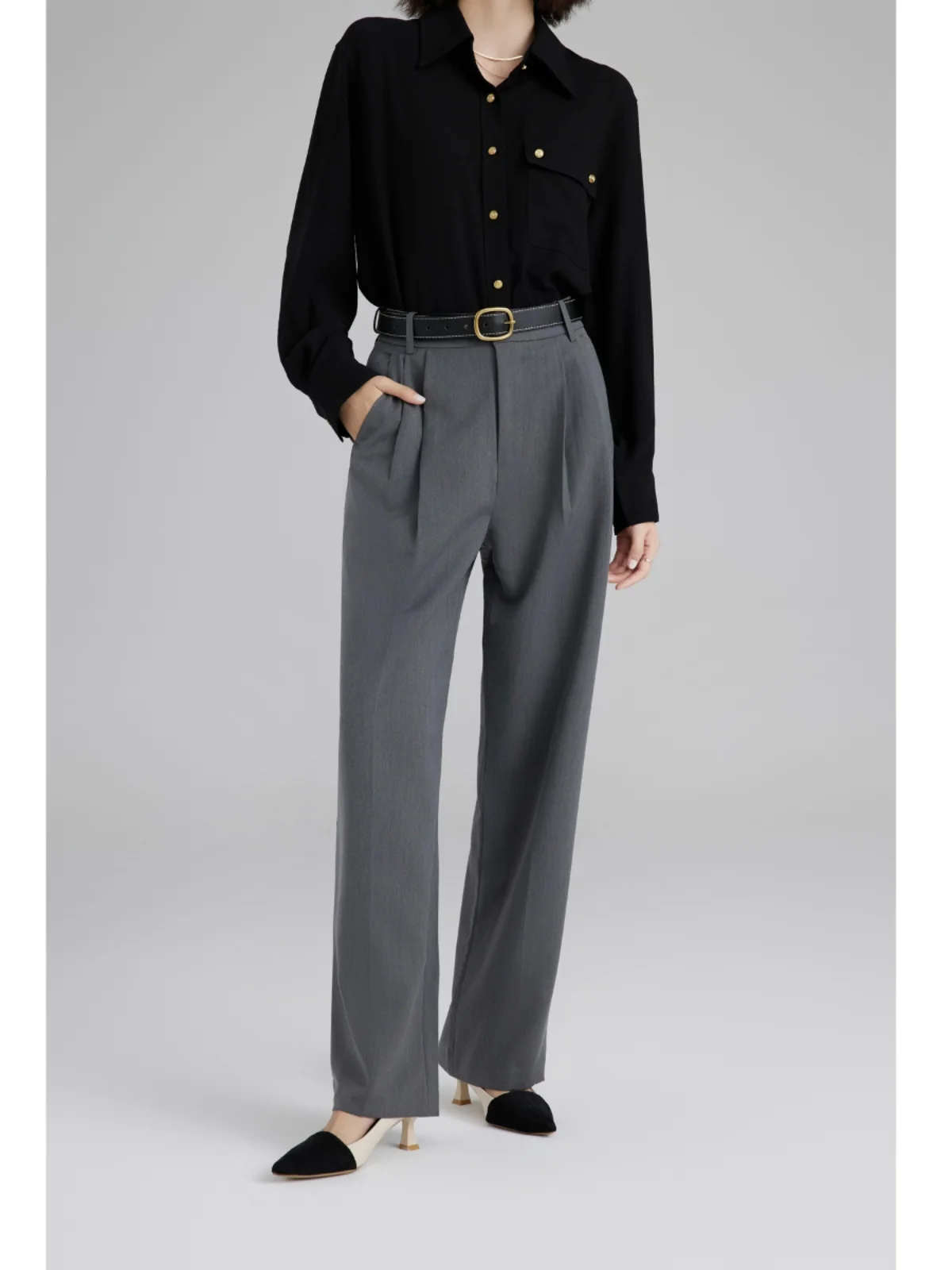 

High Waist Draped ey Straight Leg Pants Women's Autumn Slimming Wide Leg Long Trousers Faionable Busin Casual Pants