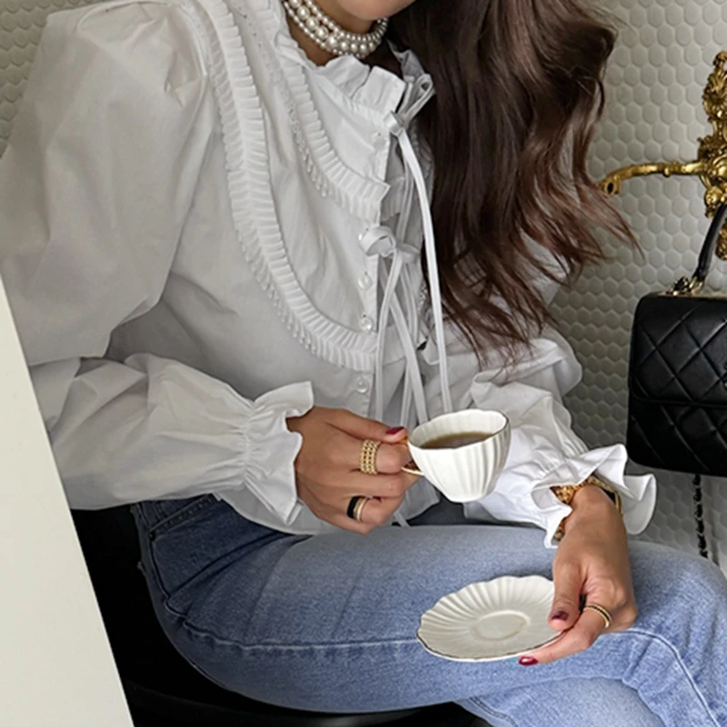 Camicetta dolce europea francese Camicia bianca Moda Donna Blusas Top Top e camicette a maniche lunghe da donna casual