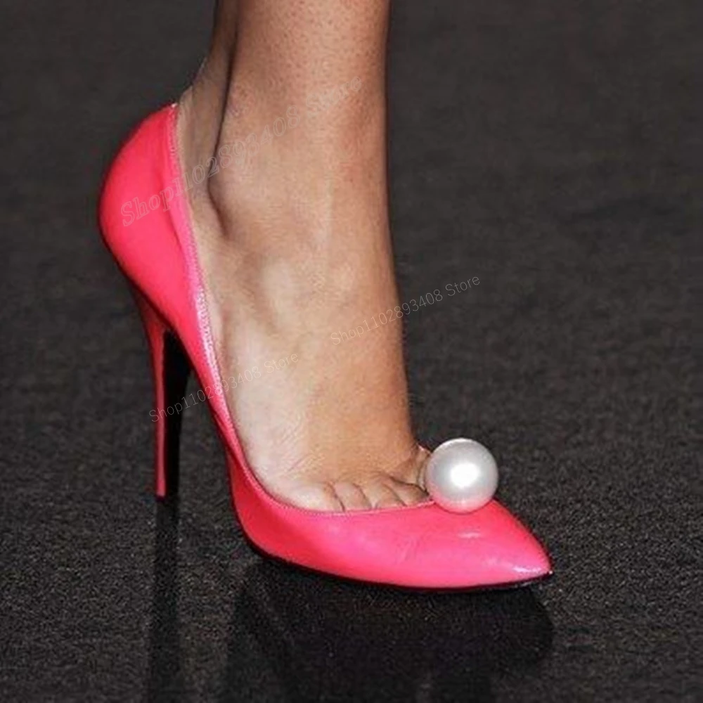 

Pink Elegant Patent Leather Pearl Decor Pumps Pointed Toe Thin High Heel Shallow Fashion Women Shoes 2024 Zapatos Para Mujere