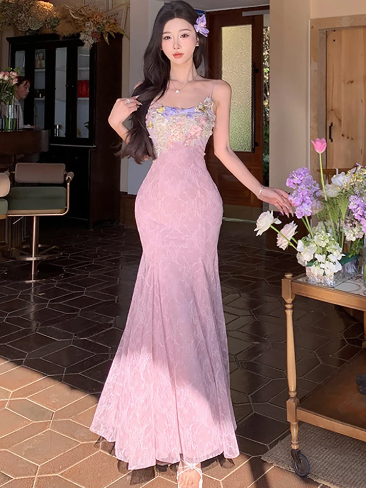 

2025 New Pink Mesh Chic Lace Jacquard Floral Dress Summer Elegant Casual Sling Dress Women Korean Fashion Bodycon Holiday Dress