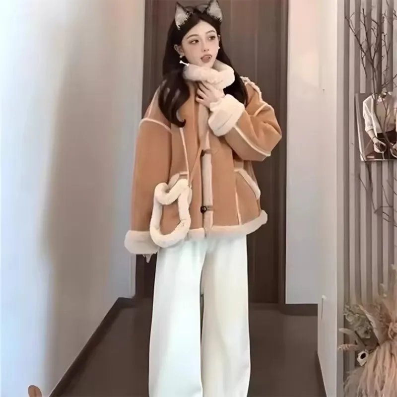Integrated Fur And Plush Loose Winter Coat Women's 2025 New Thicken Patchwork Warm Fluffy Coat Stand Collar Outerwear