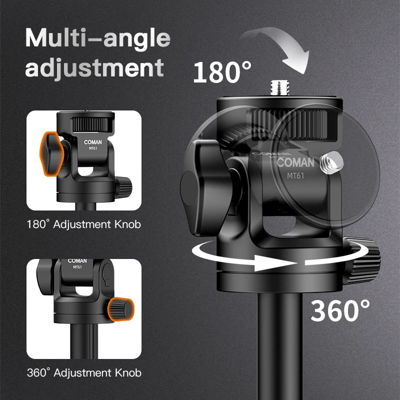 COMAN MT-61 Extendable Light Stand 1.96M Portable Adjustable Aluminum Tripod With 1/4" Screw Ball Head For Video Light Shoot - Image 3