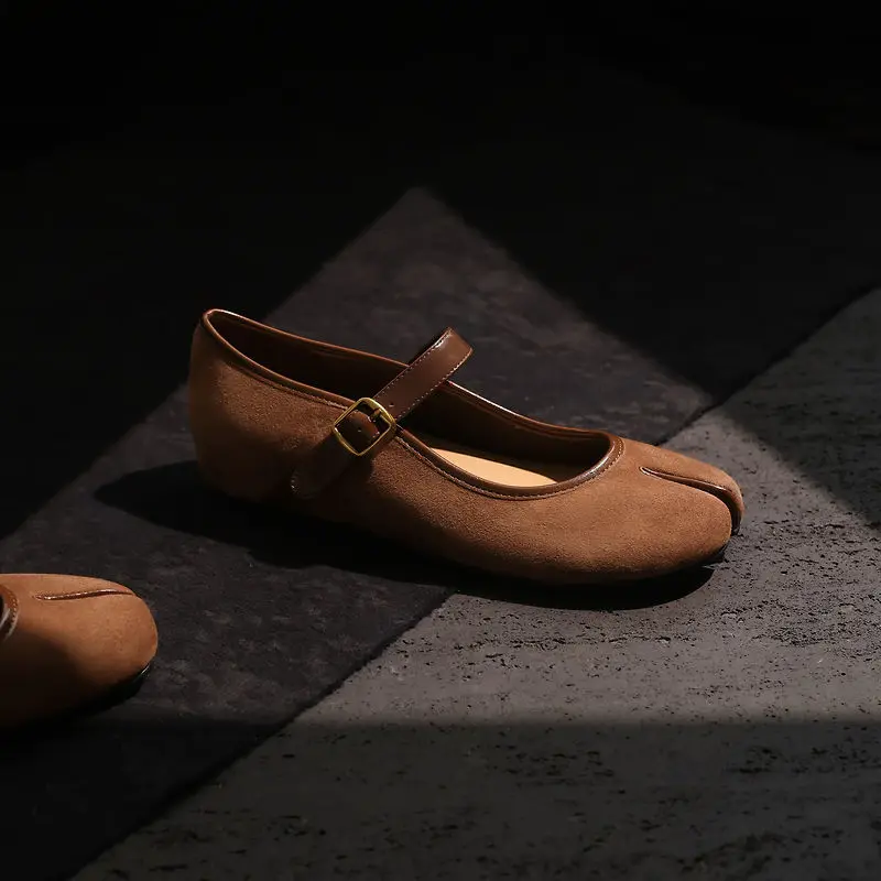 Genuine Leather Sheepskin Tabi Women Shoes,3.5cm Internal height increase heel,Flat Mary Janes Shoes