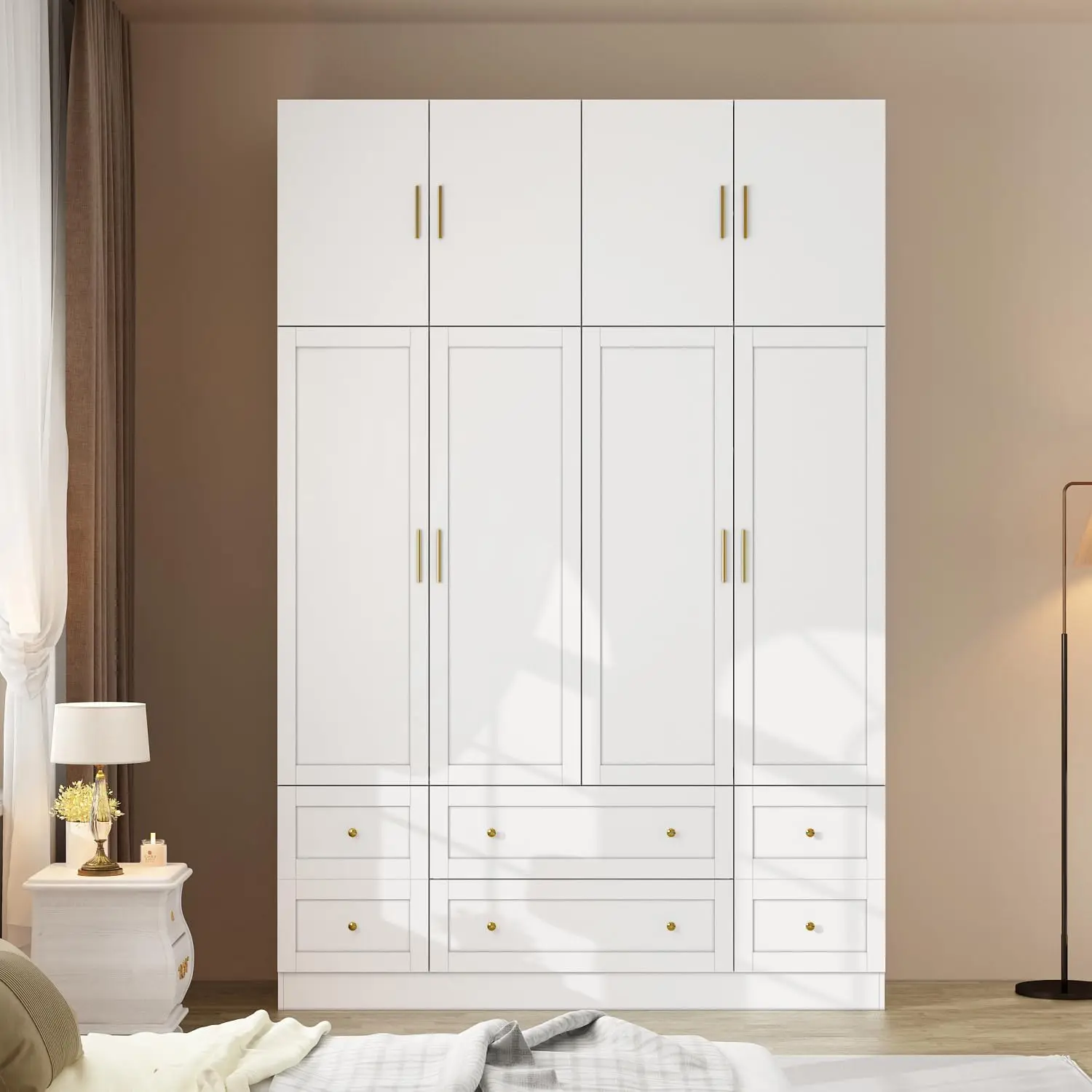 Armoire Wardrobe Closet With 8 Doors, 4 Extra Large Drawers & 2 Hanging Rod, Clothes Storage Cabinet For Bedroom, White