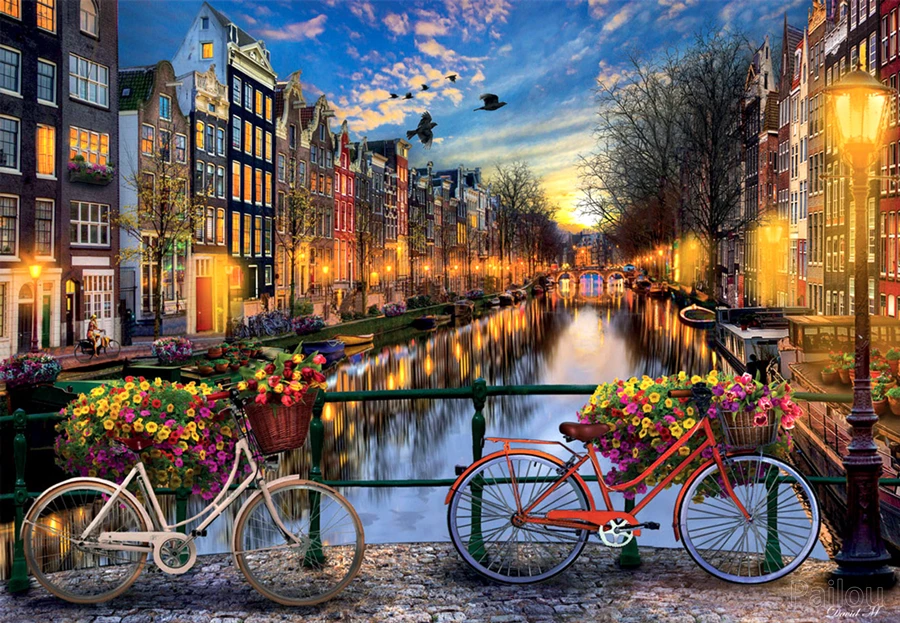 オランダ アムステルダム 自転車 夕日 都市景観 5D フルダイヤモンド
