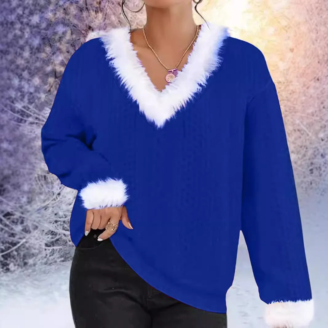 Pull Femme noël polyvalent tricoté Pull Femme laine col en v à manches longues Pull couleur unie haut ample Pull Da Donna