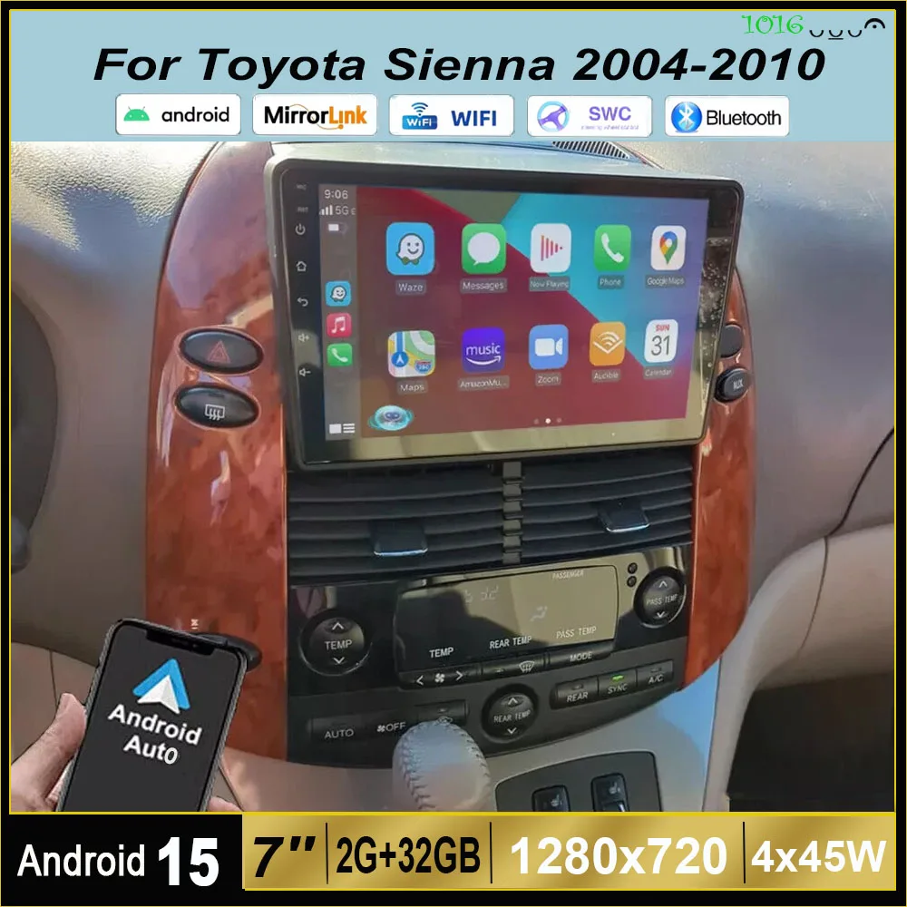 

7-дюймовая автомагнитола Android 15 с GPS-навигацией, 2+32 ГБ, для Toyota Sienna 2004-2010, с Carplay, Android Auto, Bluetooth, WiFi, FM/RDS, SWC