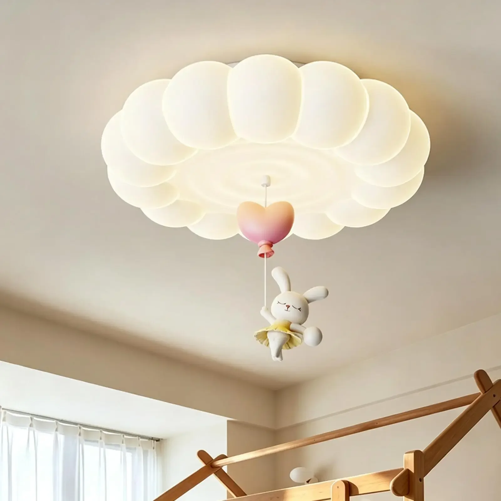 Cute Bunny Heart Balloon LED Ceiling Light Cream Flower Flush Mount Lamp for Kids Bedroom Nursery Girls Room Home Decor