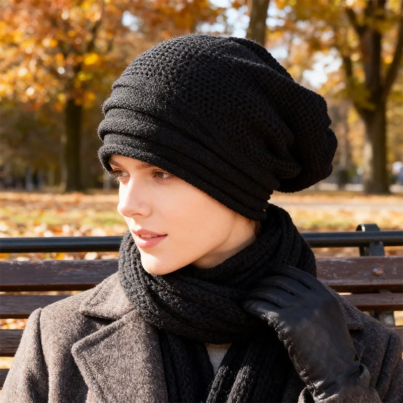Winter-Übergroße Slouchy-Mütze aus Wolle, gestrickt, warme Mütze für Damen und Herren, gemütlich, elastisch, winddicht, zum Skifahren im Freien – Detail 7