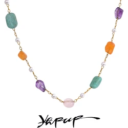 Yhpup Colorful Natural Stone Imitation Pearls Chain Stainless Steel Fashion Necklace Bracelet for Women Exquisite Trend Jewelry