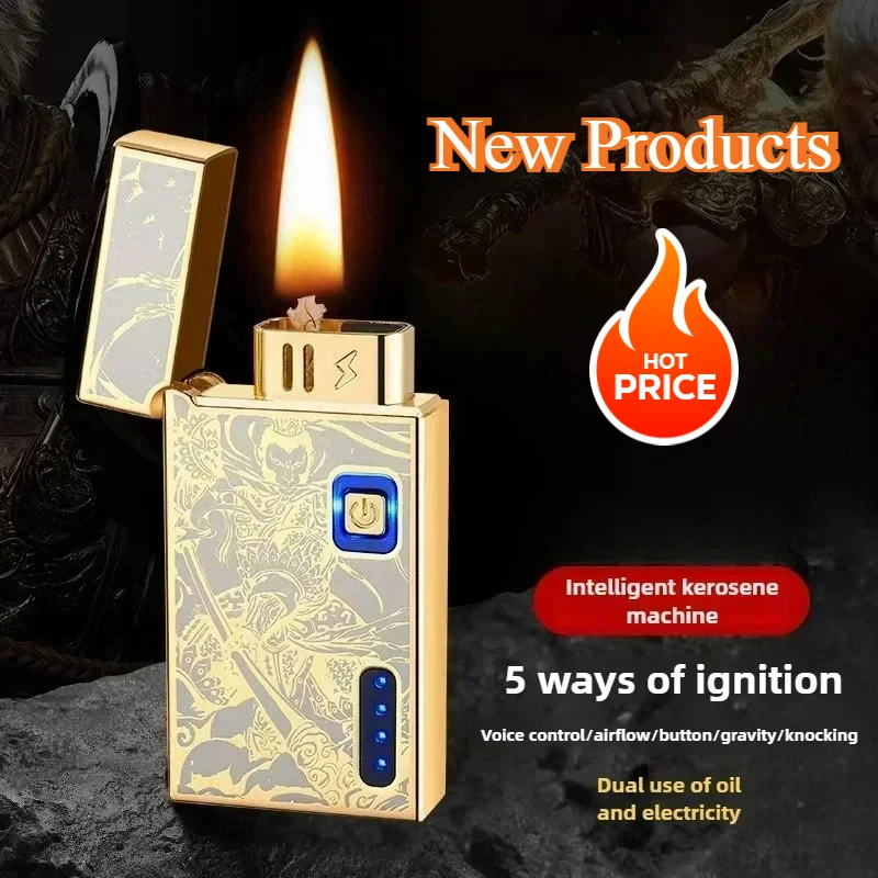 Intelligent Voice Control Ignition Windproof Kerosene Lighter Creative 5 Ignition Methods Power Display Type-C Electric Lighters