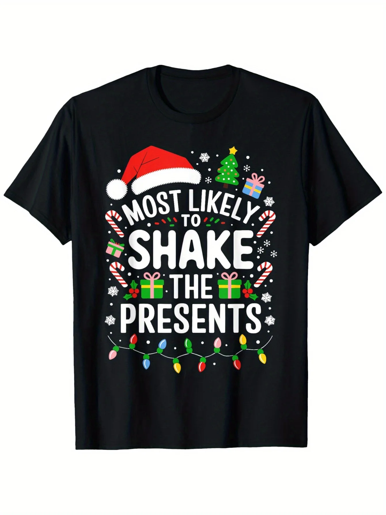 Most Likely to Shake the Presents Family Christmas T-Shirt, Unisex Casual Loose Fit Short Sleeve, 100% Cotton, Black