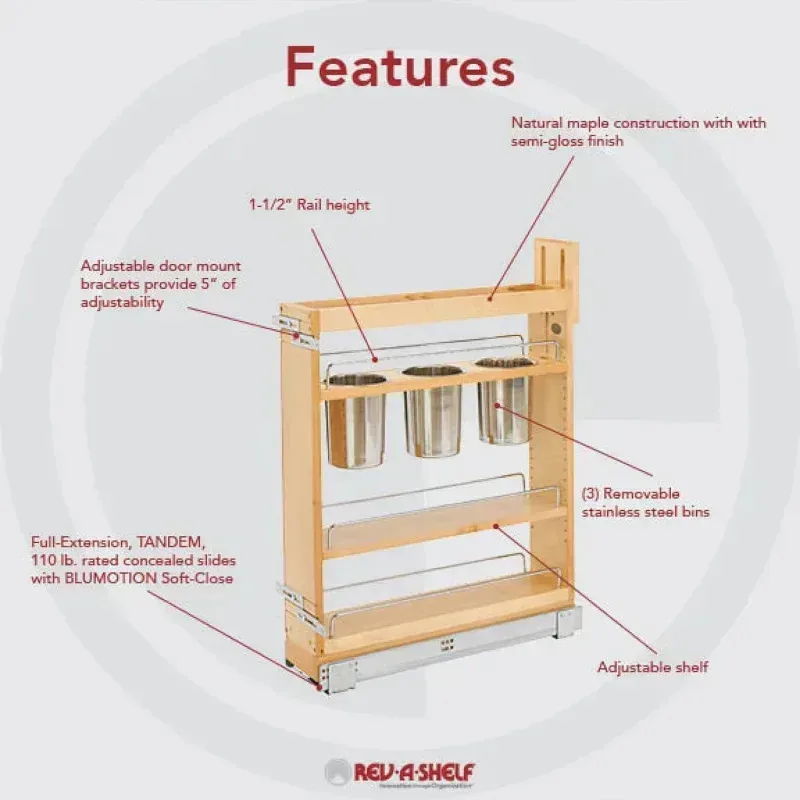 QAZ8-Rev-A-Shelf 5"Pull Out Storage Organizer for Base Kitchen Cabinets w/Soft-Close.Sliding Shelve for Utilities.Utensils or