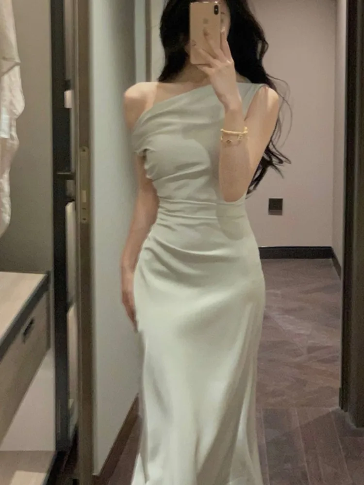 Women's Elegant Solid Evening Party Dresses Summer Fashion Korean Graduation Formal Dress Off Shoulder Slim Vestidos Clothing