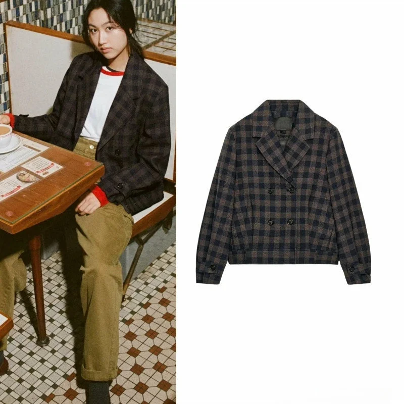 

Women's Casual Style Plaid Double Breasted Long Sleeve Coat Spring New Arrival Decorative Folded Collar Jacket 2250836