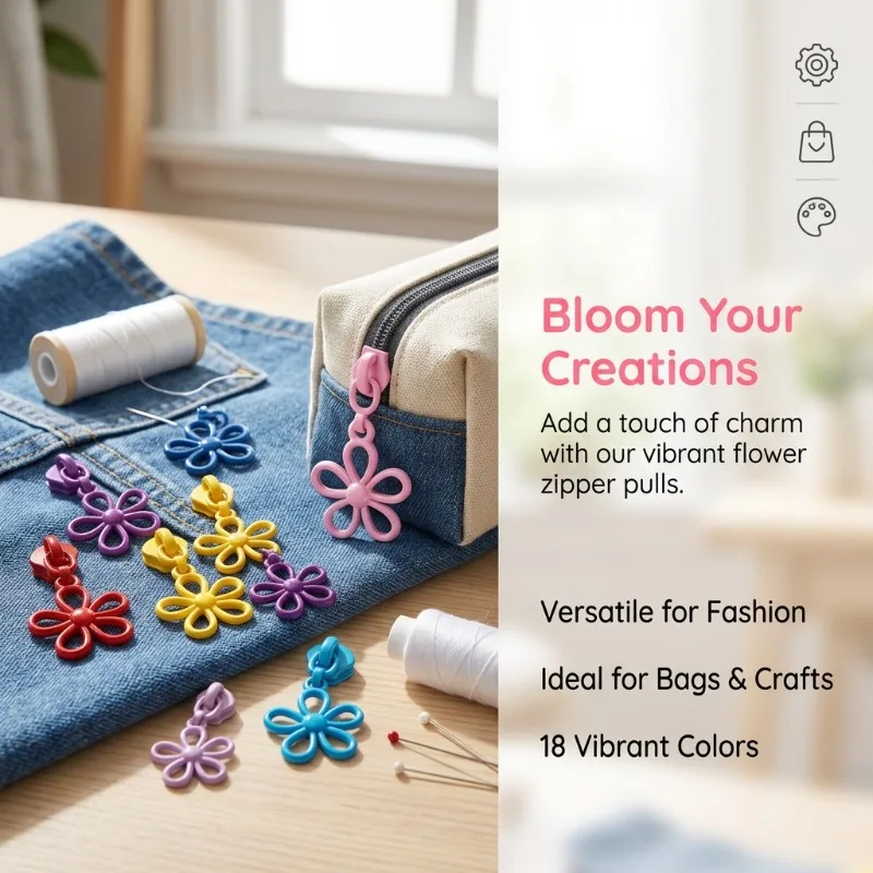 18pcs Random Color 5# Nylon Zipper Pulls with 18 Color Petal Charms Cute Sewing Accessories for Bags Clothes Dresses