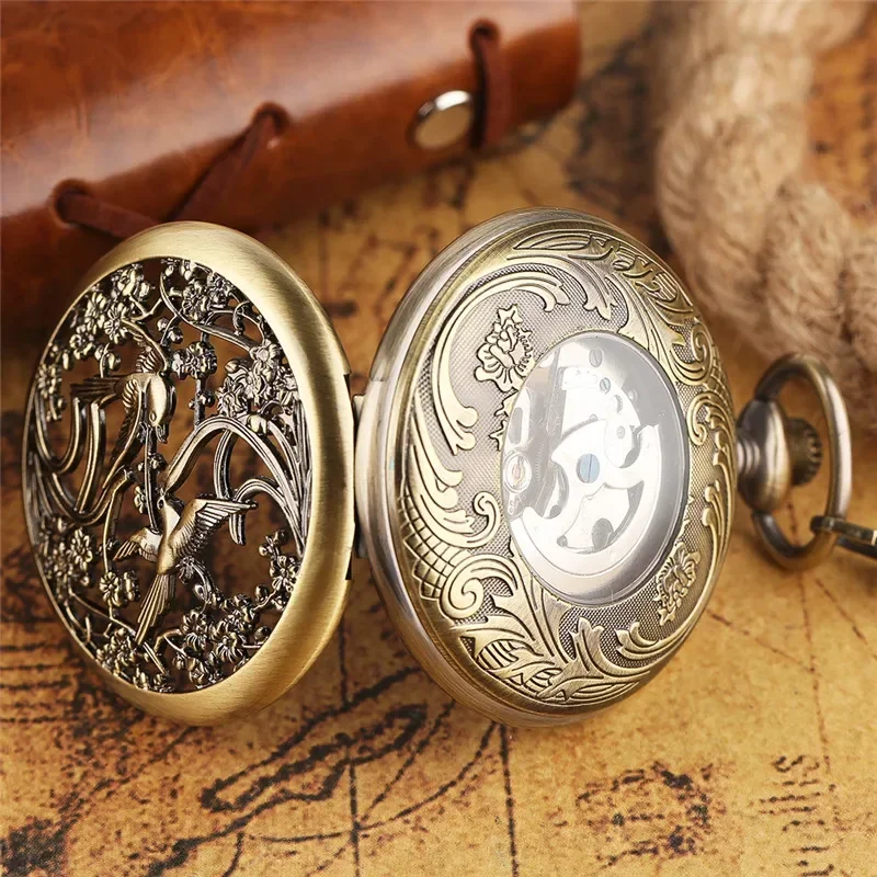 Steampunk Hollow Out Magpie Pocket Watch Unisex Skeleton Automatic Mechanical Watches Luminous Hands Fob Chain Pendant Clock