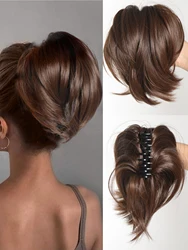 Extensões sintéticas de cabelo rabo de cavalo curto para mulheres, cabelo dobrável de metal, peruca reta bagunçado, clipe de garra, DIY