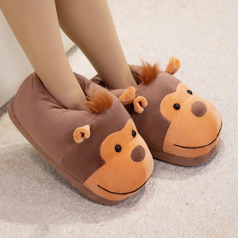 TreasuringU 2026 جديد الكرتون القرد نعال قماش لطيف الحيوانات محشوة أحذية النساء الرجال داخلي أحذية مريحة هدية الكريسماس #4