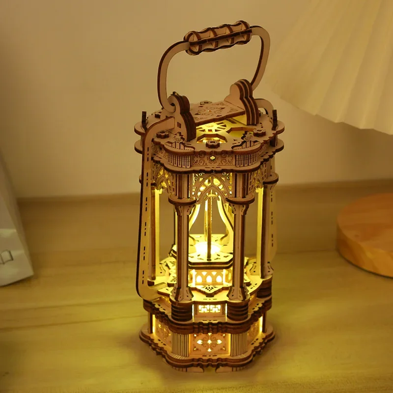 Wooden Retro Lantern Model 3D Puzzle Handmade Building Block Kits DIY Assembly Jigsaw Toy for Kids Adults Collection Gift