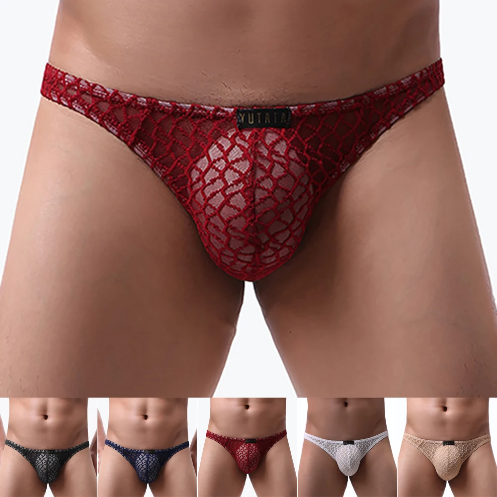 Sexy Men\'s Transparent Lace Mesh Panties Thongs Breathable G-String T-Back Underwear Pump Man Brazilian Thong