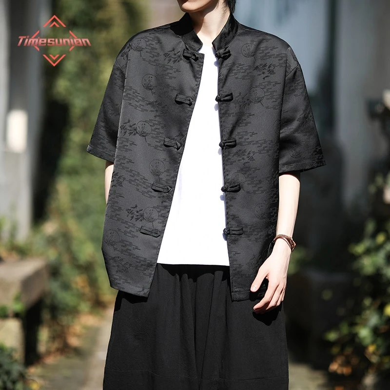 

Мужские рубашки с воротником-стойкой, короткий рукав, летние, оверсайз, черные, белые, красные, в китайском традиционном стиле, ретро-рубашка с принтом Ханьфу