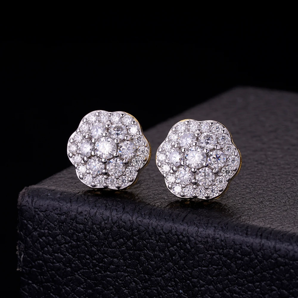 

8MM 10MM 12MM Iced Out Hip Hop Pass Diamond Tester VVS Moissanite Men 14k Gold Plated Flower Cluster Screw Back Earrings