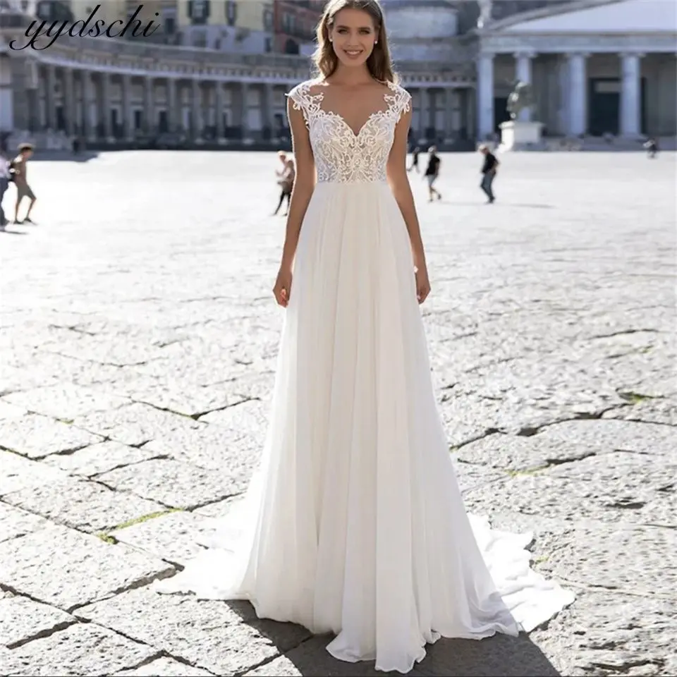 Elegant Sweetheart Neck Button Chiffon Appliques Lace Sleeveless Illusion Wedding Dresses For Women 2024 Sweep Train Bridal Gown