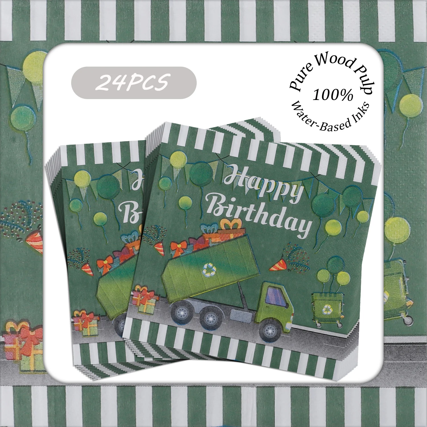 

24pcs Trash Truck Happy Birthday Paper Cocktail Napkins 33x33cm Pure Wood Pulp for Kids' Birthday Parties Festive Fun