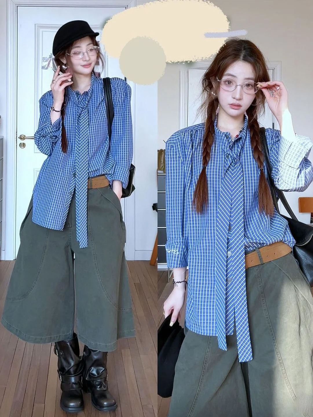 

Свободная женская рубашка в клетку с длинным рукавом, весна 2026, в корейском стиле, модная, с декоративным поясом, из полиэстера, повседневный топ