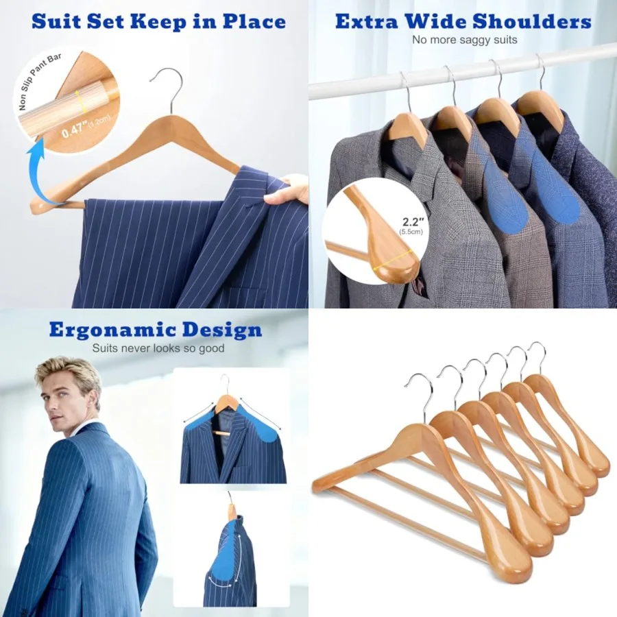 

Wide Shoulder Wooden Hangers, Suit Hangers with Non Slip Pants Bar, Smooth Finish 360 Swivel Hook High-Grade Solid Wood Coat Ha