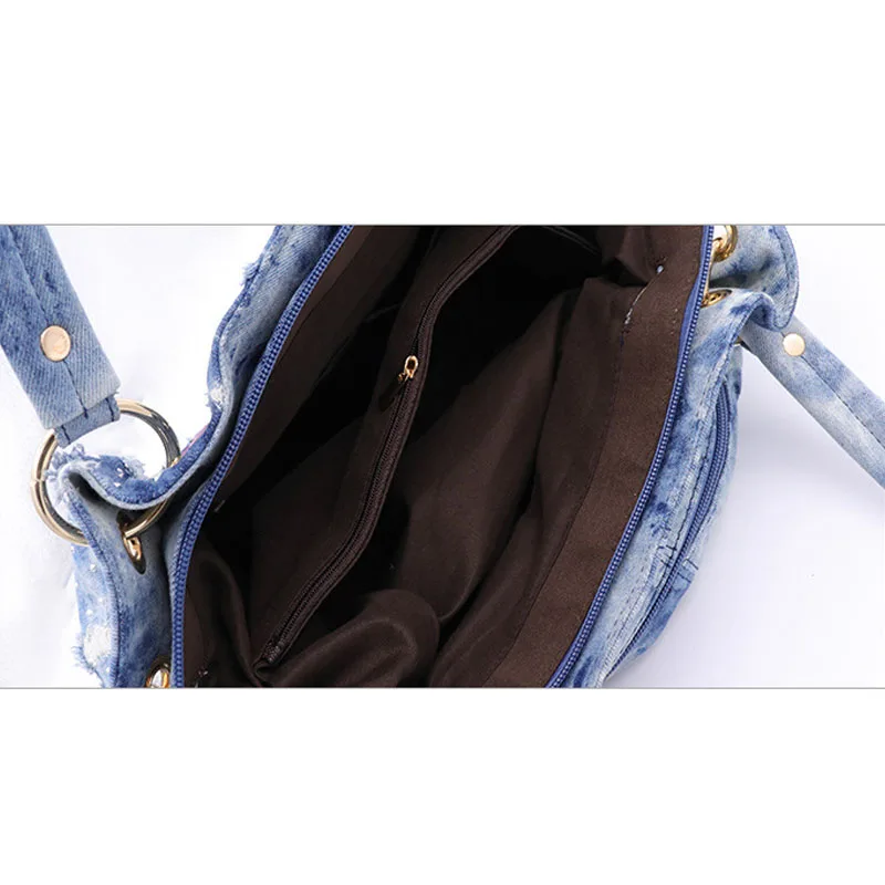 iPinee Women's Embroidered Flower Shoulder Bag Designer High Quality Female Hobo Tote Denim Large Crossbody Handbag