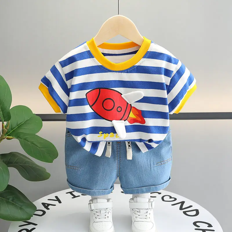 Kids Boys Girls Summer Clothes Cotton Strips Sports Suit Infant Space T Shirt Shorts Children Clothing Tracksuits Set 0-5 Years