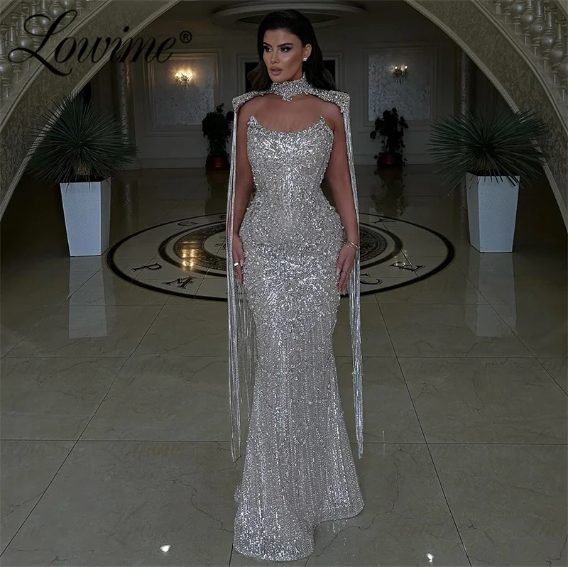 Silver Crystals Sparkly Prom Dresses Two Piece Mermaid Strapless Evening Gowns Women Celebrity Dresses Long Wedding Party Dress