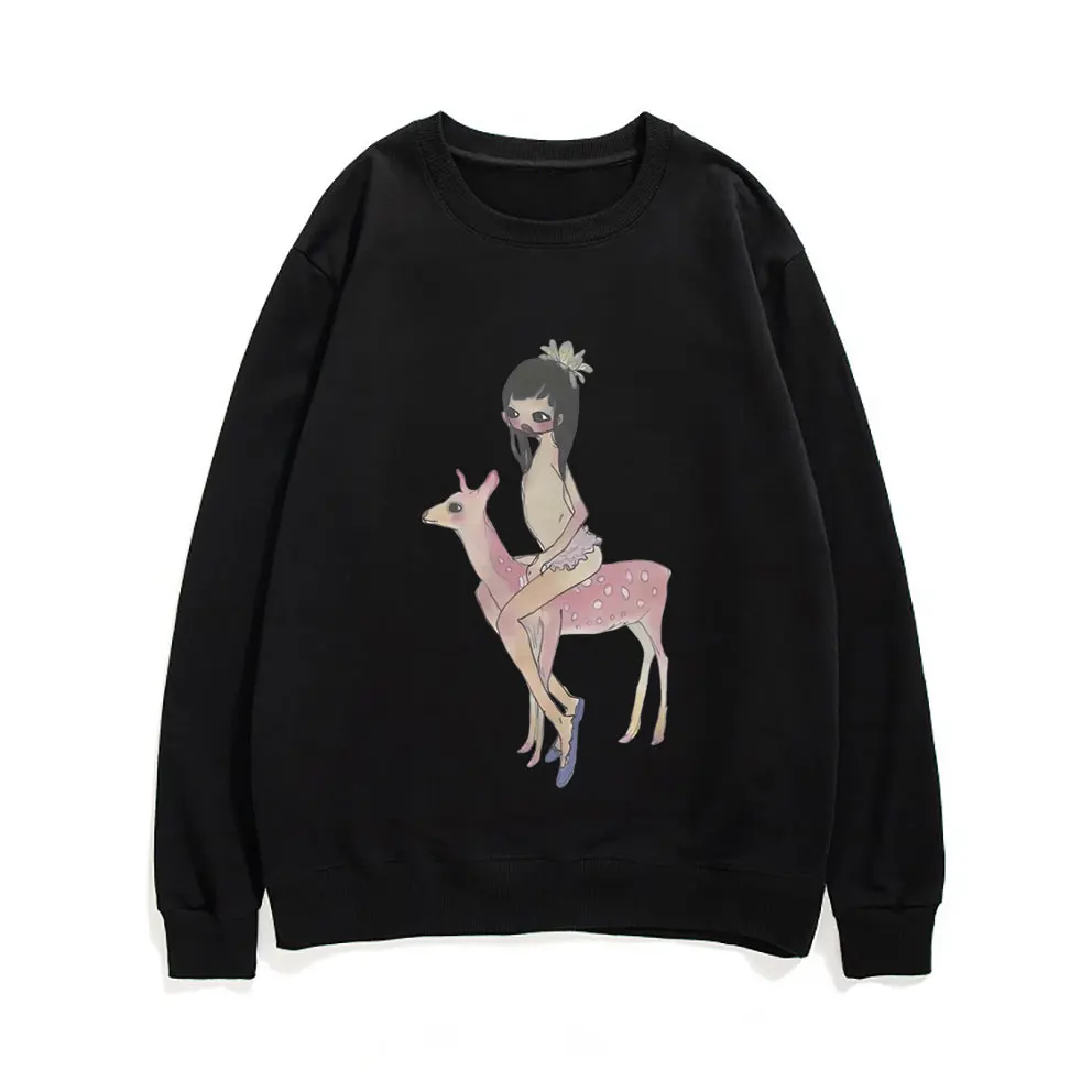 Yoshitomo Nara Aya Takano Grunge Girl Riding Pink Deer Art Baby Graphic Sweatshirt Funny Men Women's Cartoon Oversized Pullover