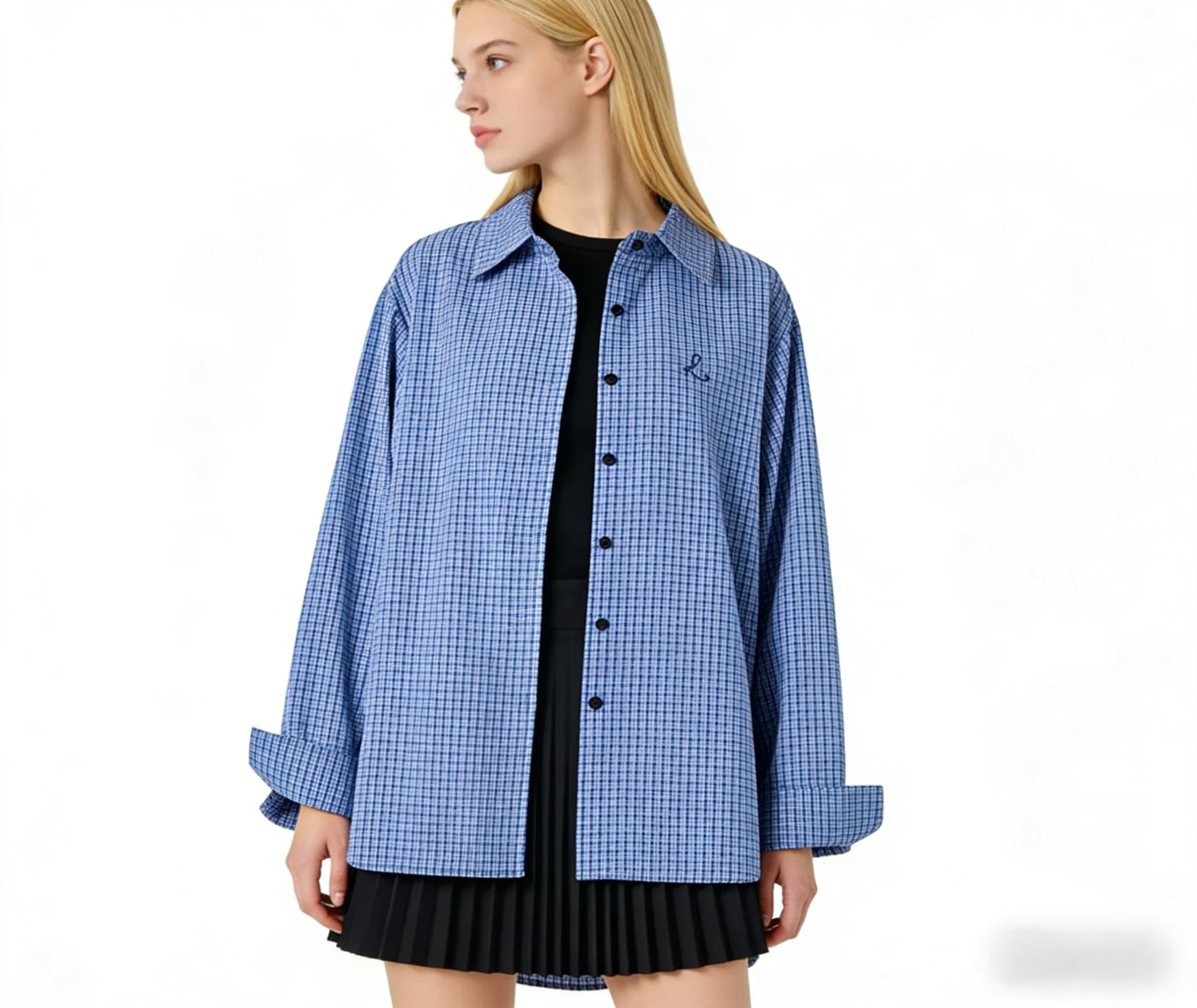 

Women's fashionable blue checkered striped long sleeved POLO collar shirt for spring and summer new high-end design top