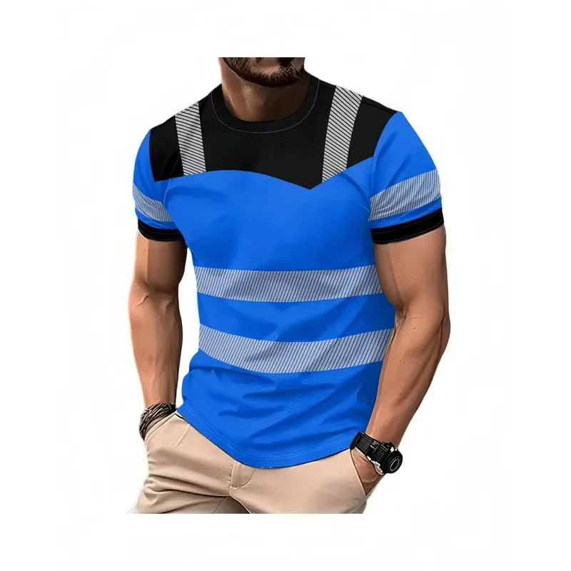 2026 Men's short sleeve 3D printed T shirt featuring a modern safety logo graphic and bold color block styling for summer