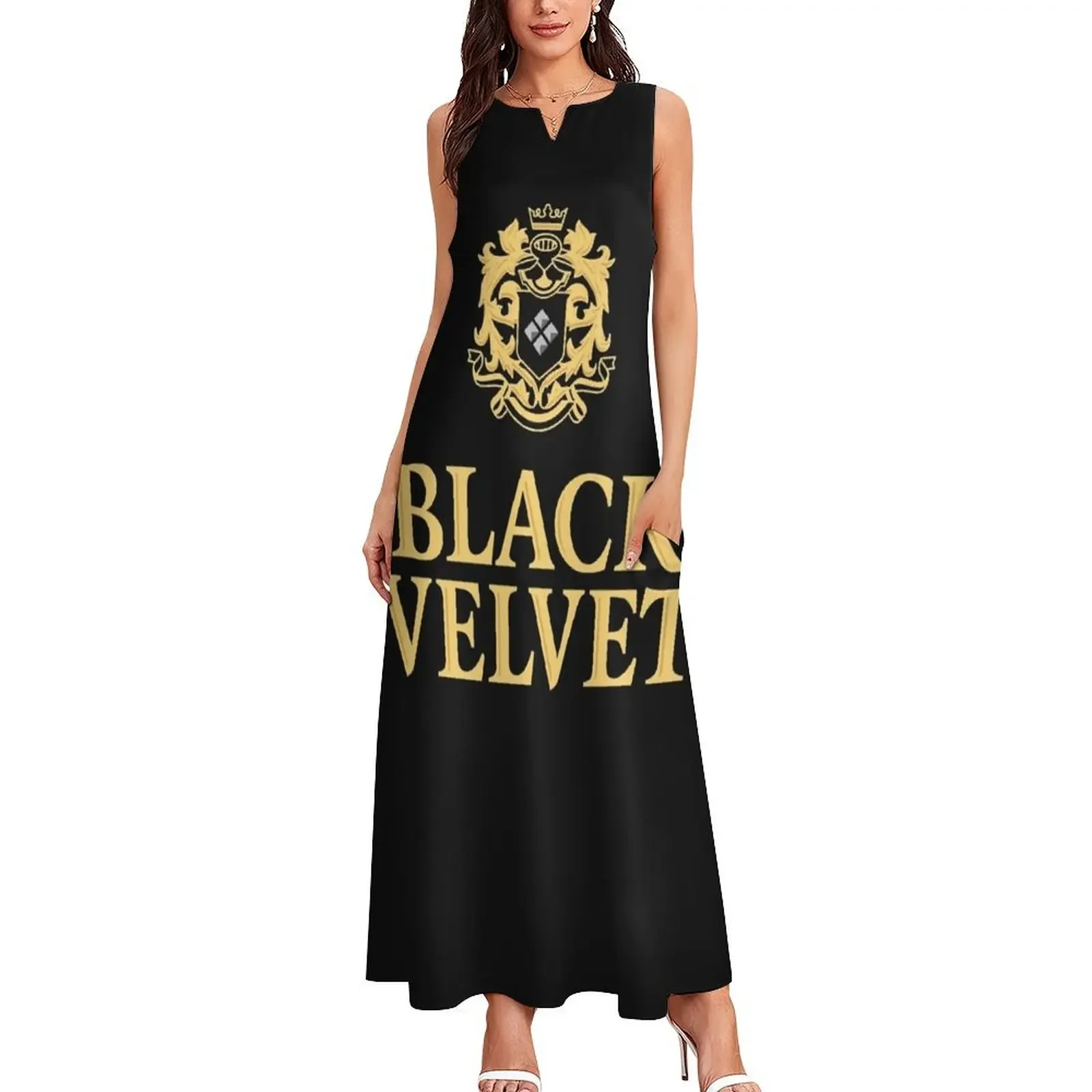 Schwarzes Samt-T-Shirt mit kanadischem Whisky, langes Kleid, Sommerkleid, koreanisches Damen-Sommerkleid für schwangere Frauen