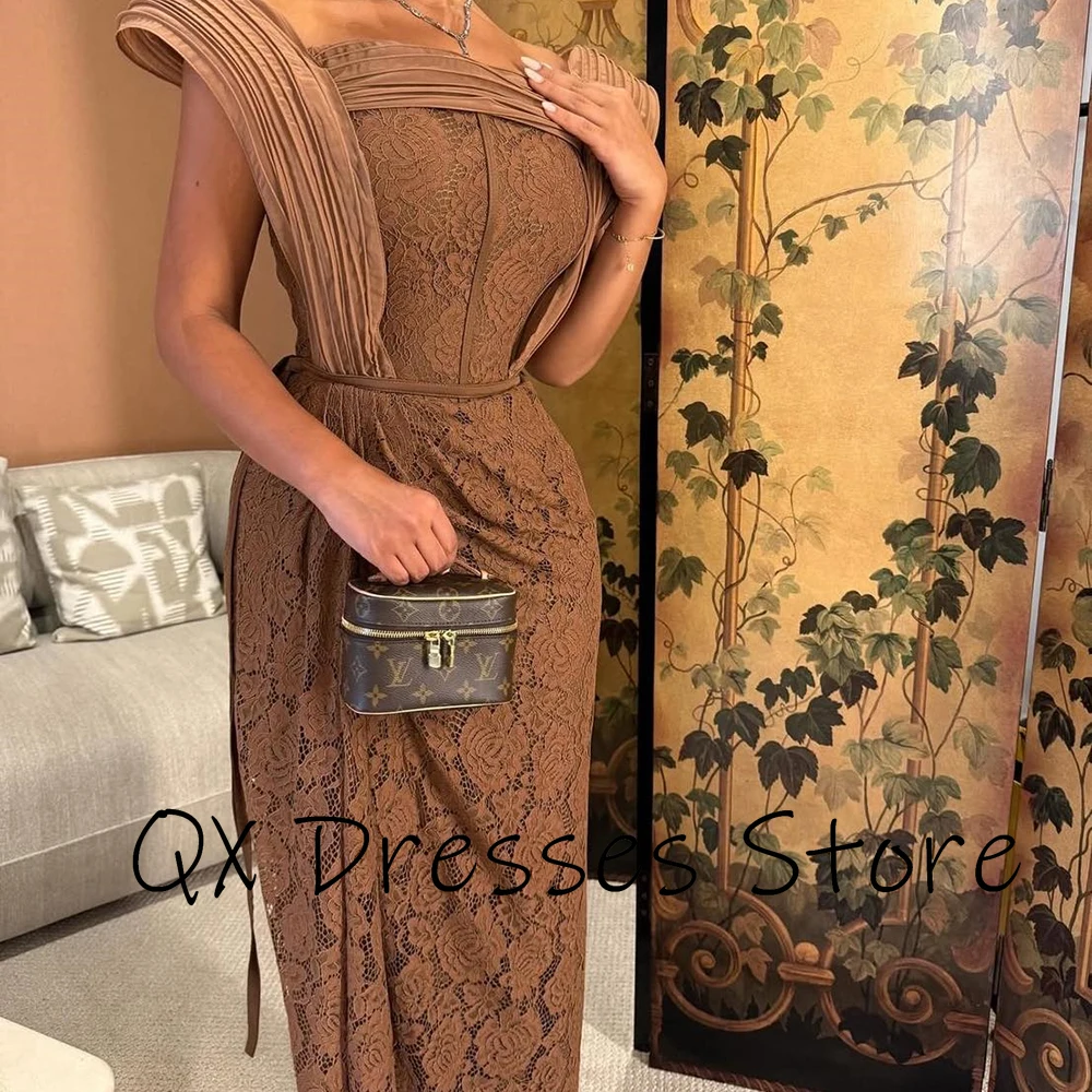 Customized Square Collar Brown Lace Evening Dress Pleat Sleeveless Mermaid Party Dress Slit Floor Length Prom Gown For Women