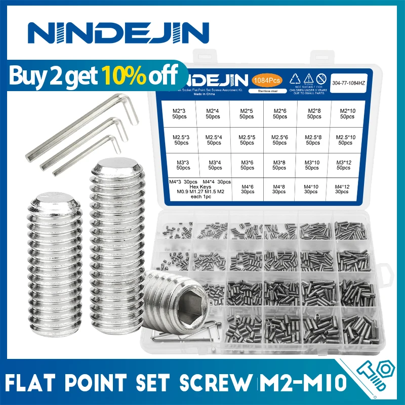 NINDEJIN Flat Point Set Screw Assorment Kit Stainless Steel M2-M10 Hexagon Socket Headless Set Grub Screw Kit with Hex Key