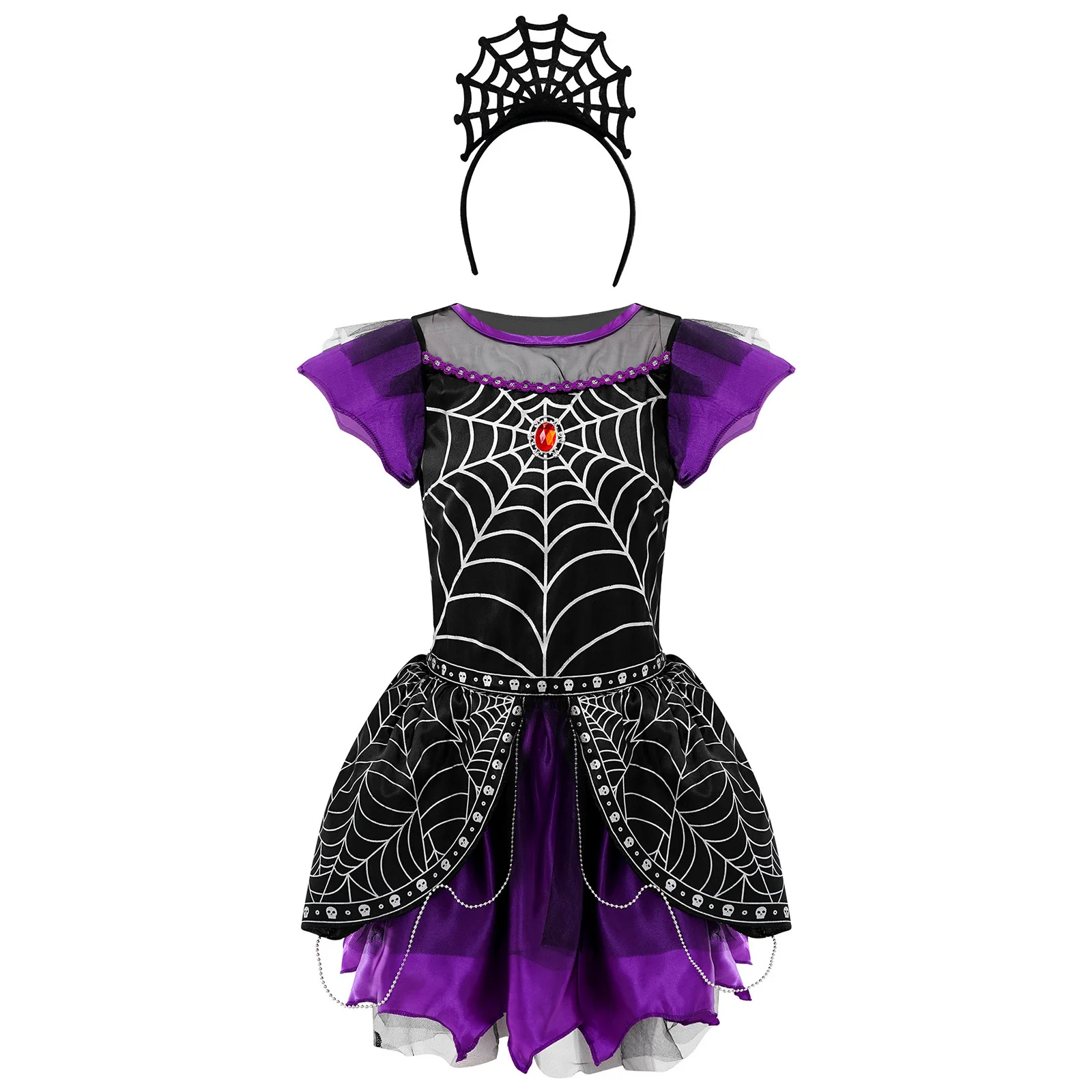 Kids Girls Spider Queen Costume Halloween Cosplay Dress Carnival Party Spider Net Print Roleplay Dress Up Clothes con copricapo