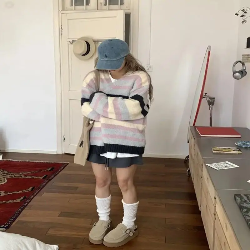 

Korean Lazy Soft Sticky Stripe Sweater Women's 2025 Autumn/winter New Cream Powder Knitted Cardigan Coat Oversized Sweater New