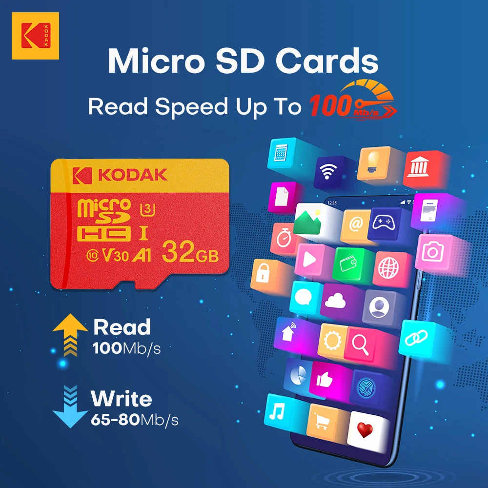 Cartão de Memória Micro SD KODAK 16GB 32GB 64GB 128GB Classe 10 SDHC/SDXC U3/U1 4K TF para Drone e Celular com Adaptador SD