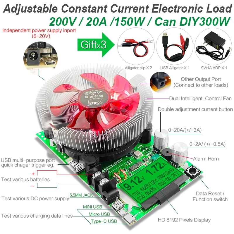 Imagem -02 - Medidor de Capacidade Acidificada ao Chumbo da Descarga do Lítio da C.c. 12v 24v do Verificador de Usb da Bateria de Carga Eletrônica Atual Constante Ajustável de 200v 150w