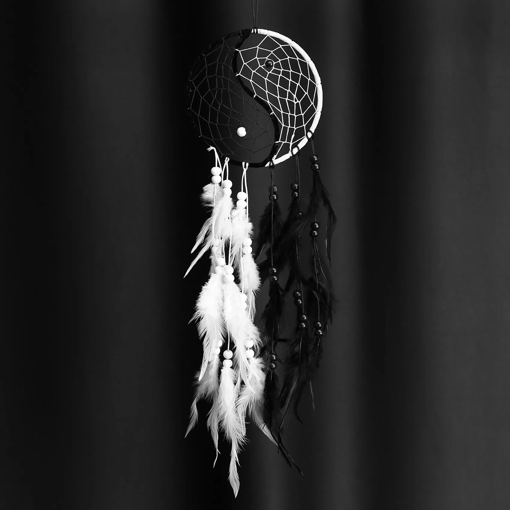 

Handmade Yin Yang Dream Catcher Circular Net With Feathers Beads For Wall Car Hanging Decoration Ornament Craft Gift, Black And