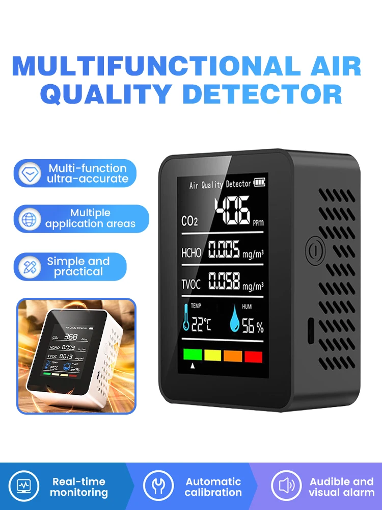 Air Quality Monitor 5 in 1 Air Quality Detector CO2 Detector Formaldehyde HCHO TVOC Tester LCD Temperature Humidity Tester Alarm